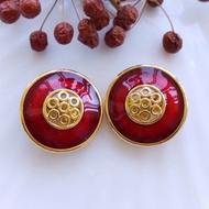 【西洋古董飾品 】細緻 經典款式 紅琺瑯 大耳環 夾式耳環