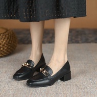 รองเท้าหนังหนังแท้ขนาดเล็กสำหรับผู้หญิงรองเท้าหนัง2023ส้นหนาแบบอังกฤษหัวมุกสี่เหลี่ยม