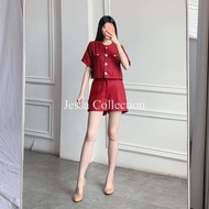 Chani Set VD Setelan Wanita Bahan Tweed Atasan Lengan Pendek Casual Simple