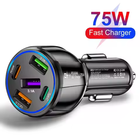 5 Port USB Type C Car Charger 75W PD Phone Charger Quick Charge 3.0 Fast Charging Power Adapter For 