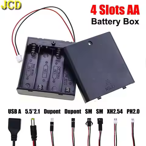 JCD 4 Slot AA Battery Storage Cover Box Shell Bracket With Leads DC 5.5*2.1mm PH2.0 XH2.54 SM DuPont