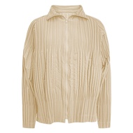 Brown Pleated Stand up collar long sleeved Zip up Jacket for Women