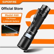 SUPERFIRE X60 15W Zoomable Lampu Suluh Powerful Flashlight Super Bright 1050 Lumens Flash Light xhp9