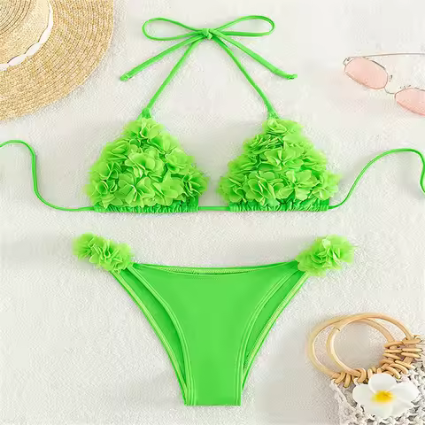 3D Flowers Bikini Top Set Halter String Extreme Backless Y2K Swimsuit Push Up Vacation Outfits Women