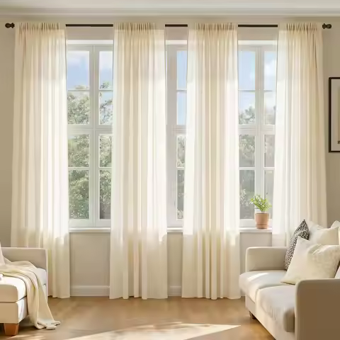Butter Cream Sheer Curtains 84 Inches Long, 2 Panels Set,Rod Pocket Voile DrapesElegant Window Treat