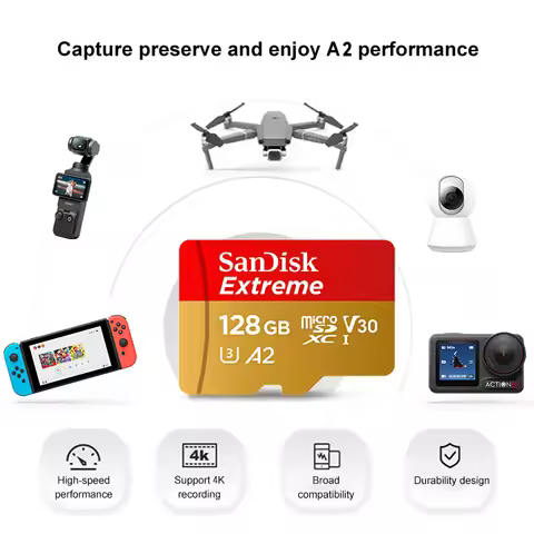 SanDisk Extreme A2 V30 4K MicroSD Memory Card for Drones Phone Dash Cam Max190Mb/s MicroSDXC Flash T