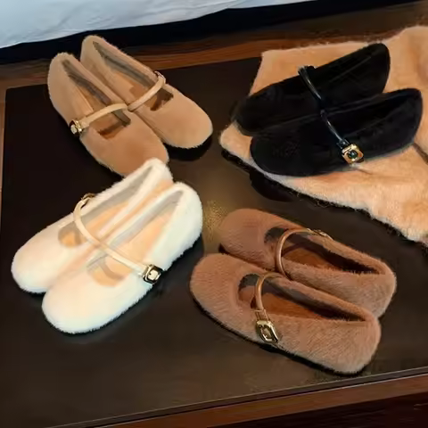 2025 New Elegant Buckle Strap Fur Mary Jane Shoes Woman Cosy Soft Fluffy Ballet Flat Ladies Plush In