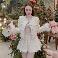 Beautiful women's dress set, long-sleeved dress set with stone buttons mixed with super luxurious pl