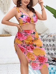 SHEIN Swim Event Traje de baño de bikini con estampado de flores de talla grande para vacaciones en la playa de verano con ribete de volantes y falda pareo