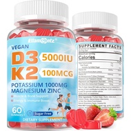 Sugar Free Vitamin D3 5000 IU + K2 (MK-7) Magnesium Gummies, Vegan Vitamin D3 K2 Supplement w/Potass