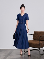 Set bộ denim áo cổ V dáng ngắn phối chân váy xoè Orchid - OH13X746