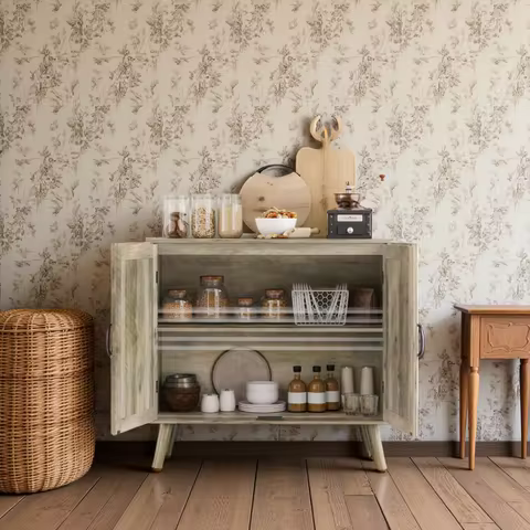 Rattan-Decorated Farmhouse Sideboard with Adjustable Shelf and Handcrafted Door Panels