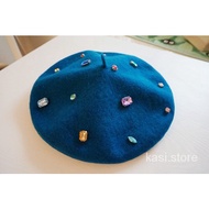 Girls Lolita Crystal Beret Handmade Blue Wool Handmade Vintage Rhinestone Hats Beanies h31d