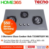 Tecno 3 Burners Glass Cooker Hob T3388TGSV - LPG/PUB - FREE INSTALLATION
