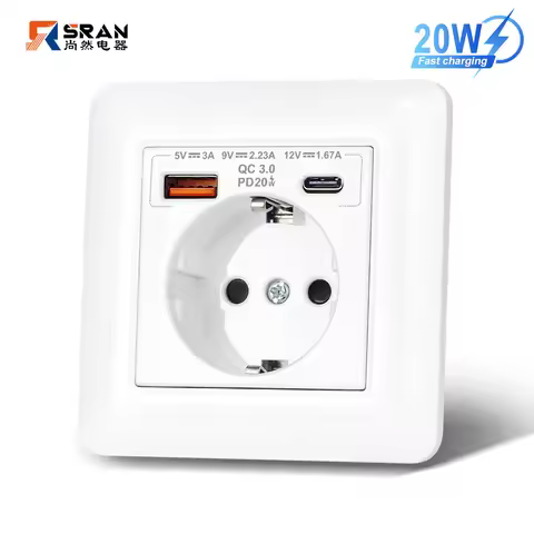 SRAN Usb Wall socket 20W Fast Charging and 5v 2a EU Standard, 82*82mm Flame Retardant PC Panel USB T