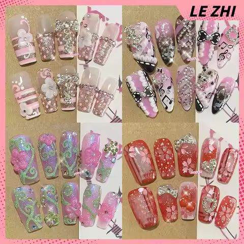 Sweet Cool Cartoon Handmade Long Coffin Almond Ellipse Removable Fake Nails Y2K Flower Diamond Bowkn