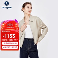 Navigare意大利小帆船女士绵羊皮衣翻领休闲机车外套2336703506 白 M