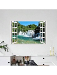 1入組瀑布風景印花牆貼，PVC防水自粘壁紙，適用於臥室客廳沙發書房背景裝飾
