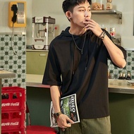 เสื้อวอร์มแขนสั้นมีฮู้ดสำหรับผู้ชาย,เสื้อฮู้ดแขนสั้นผ้าฝ้ายทรงหลวมสไตล์เกาหลีไซส์ใหญ่พิเศษ