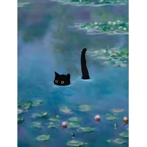Frameless 5D Diamond Painting Kit Featuring A Swimming Black Cat, Colorful Diamond Art, All Artifici