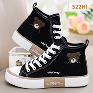 Flower Women's High Cut Sneakers with Cute Bear Embroidery in Black and White, Size 36-40 (522) Wome
