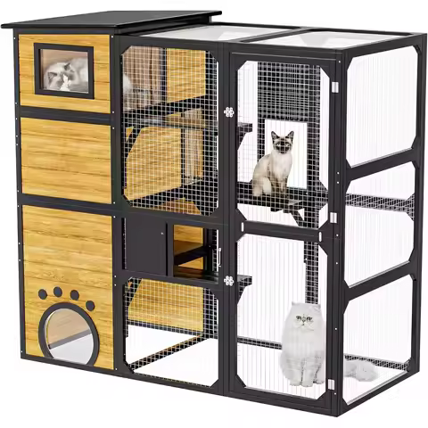 Extra Large 4-Tier Outdoor Cat Enclosure Wood Playhouse 4-6 Cats w/ Insulated House, Asphalt Roof, L
