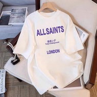 All Saints London Women's Graphic Print Short Sleeve T-Shirt - White Casual Tee with Purple Letterin