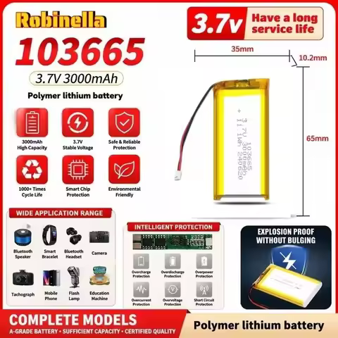 [New] 3000mAh 3.7V 103665 Rechargeable Polymer Lithium Battery for GPS LED Light Driving Recorder PS