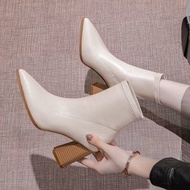 AG1 White short boots women thick heel single boots new high heels nude boots mid-heel Martin boots