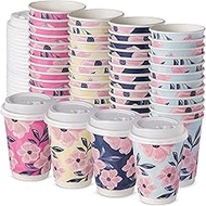 ROYAL BLUEBONNET 48 Floral Disposable Coffee Cups with Lids – 12 oz Double Walled Insulated Disposab