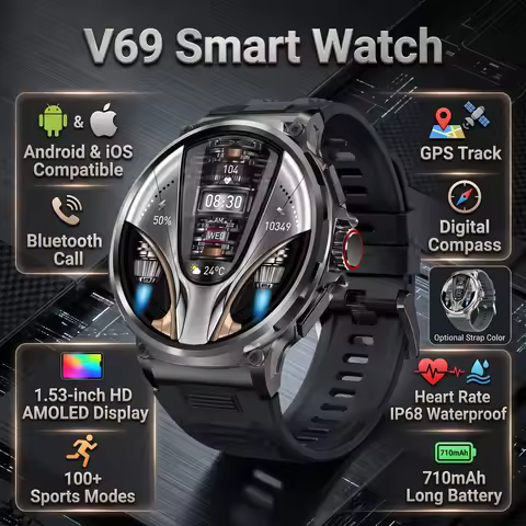 New 710mAh V69 Smart Watch AMOLED Bluetooth Call 1.85 inch Large Screen Men Sports Fitness Tracker H