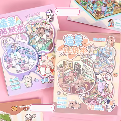 2 sticker books+1 tweezers cartoon mini scene sticker book 3D landscape sticker 3D house stacking ma