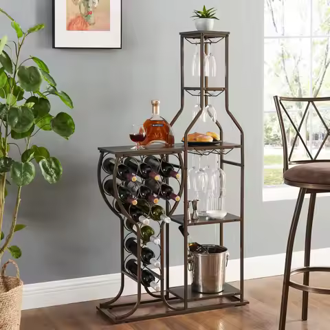 Grey 11 Bottle Wine Bakers Rack, 5 Tier Freestanding Wine Rack with Hanging Wine Glass Holder and Sh