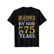 Heavyweight Cotton Men's T-Shirt, Vintage Blessed by God 75th Birthday Style