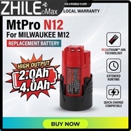 Milwaukee M12 Replacement Battery MtPro N12 12V Li ion 31 2Watt 2 0Ah 4 0Ah Power Tool Drill Bateri