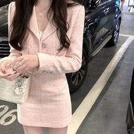 Socialite Chanel Suit Women's Korean-Style Tweed Short Pink Blazer+High Waist Slim Skirt