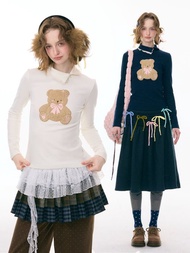 ziziFei''舊夢絨熊''秋冬polo斜領小熊圖案修身上衣針織打底衫女