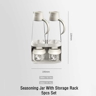 ROBOROBO 5pcs One Set Seasoning Glass Jar Oil Bottle Condiments Organizer Bottle Storage Set W/Rack