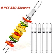 6pcs/set Stainless Steel Barbecue Skewers with Self Push Plate Barbecue Forks Outdoor Home BBQ Acces