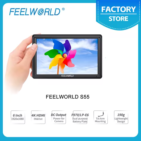 FEELWORLD S55 6 Inch DSLR Camera Field Monitor FHD IPS Support 4K HDMI Input Output Tilt Arm Power O
