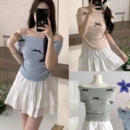 croquette ribbon top shirt tshirt asymmetrical top off shoulder knitted blouse B100