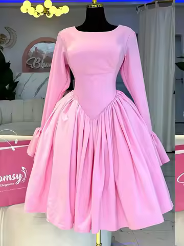 AOMEI Women 's Elegant A-line Slim Fit Dress O-Neck Long Flare Sleeve Pink Draw String Blackless Clu