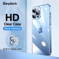 【Non-Yellowing】Sanptoch HD Clear Phone Case For iPhone 12 / 13 / 14 Pro Max Built-in Glass Camera Lens Protector PC Plating Hard Cover Original Slim Casing