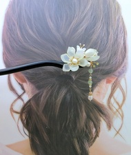 岫玉荷花黑檀木髮簪(流蘇可拆)