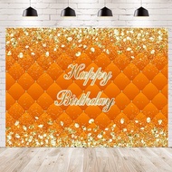 7x5ft Happy Birthday Photography Backdrop Banner for Photoshoot Portrait Gold Diamonds Orange Backgr