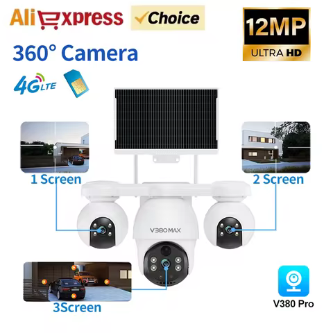 12MP V380 MAX 4G Solar-Powered Security Camera 360° View Full Color Night Vision No WiFi Needed Remo