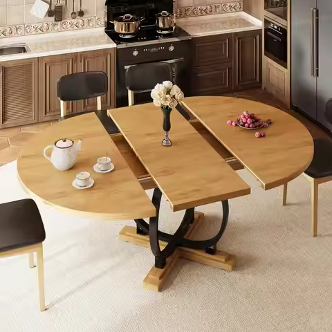 59'' Extendable Round Dining Table for 4 to 6, Kitchen Table with Sturdy X-Base Metal Legs, MDF Boar