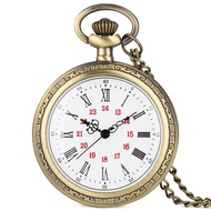 Vintage Bronze Open Face Unisex Quartz Analog Pocket Watch Roman Number Dial Chain