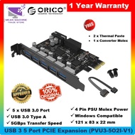 Orico 5 Port USB3.0 PCI-E Expansion Card with Dual Chip (PVU3-5O2I) Molex IDE 4 Pin Powered - Free A