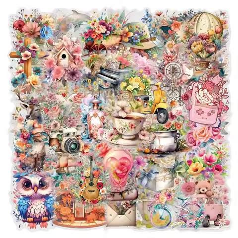57 Pcs New "Adding Prosperity" Sticker Pack-Waterproof Transparent PET Journal Flower Supplies Decor